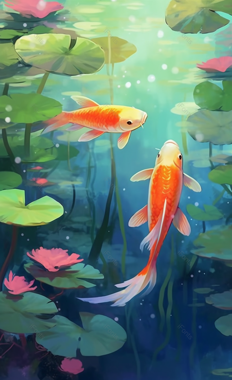唯美清新鱼戏莲叶中绿色插画背景,插画/手绘图,插画/手绘图库,插画/手绘图下载,插画/手绘